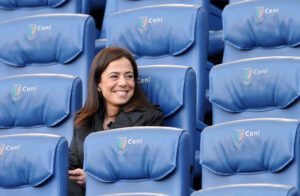 AS Roma's President Rosella Sensi smiles before her team's Italian Serie A football match against Inter Milan on March 27, 2010 at Rome's Olympic stadium. AFP PHOTO / ANDREAS SOLARO (Photo credit should read ANDREAS SOLARO/AFP via Getty Images)