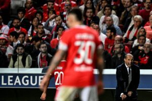 Juventus' Italian coach Massimiliano Allegri gestures during the UEFA Champions League 1st round day 5, Group H football match between SL Benfica and Juventus at the Luz stadium in Lisbon on October 25, 2022. (Photo by PATRICIA DE MELO MOREIRA / AFP) (Photo by PATRICIA DE MELO MOREIRA/AFP via Getty Images)