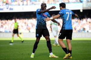 NAPLES, ITALY - OCTOBER 29: Khvicha Kvaratskhelia of SSC Napoli celebrates after scoring their side's third goal during the Serie A match between SSC Napoli and US Sassuolo at Stadio Diego Armando Maradona on October 29, 2022 in Naples, Italy. (Photo by Francesco Pecoraro/Getty Images)