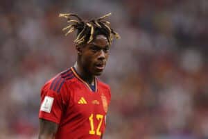 AL KHOR, QATAR - NOVEMBER 27: Nico Williams of Spain reacts during the FIFA World Cup Qatar 2022 Group E match between Spain and Germany at Al Bayt Stadium on November 27, 2022 in Al Khor, Qatar. (Photo by Richard Heathcote/Getty Images)