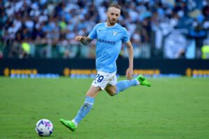 ROME, ITALY - AUGUST 14: Manuel Lazzari of SS Lazio in action during the Serie A match between SS Lazio and Bologna FC at Stadio Olimpico on August 14, 2022 in Rome, Itlay. (Photo by Marco Rosi - SS Lazio/Getty Images)