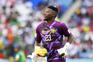 AL WAKRAH, QATAR - NOVEMBER 24: Andre Onana of Cameroon looks on during the FIFA World Cup Qatar 2022 Group G match between Switzerland and Cameroon at Al Janoub Stadium on November 24, 2022 in Al Wakrah, Qatar. (Photo by Claudio Villa/Getty Images)