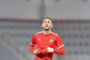 Morocco's midfielder #07 Hakim Ziyech attends a training session at the Al Duhail SC Stadium in Doha on December 5, 2022, on the eve of the Qatar 2022 World Cup Round of 16 football match between Morocco and Spain. (Photo by KARIM JAAFAR / AFP) (Photo by KARIM JAAFAR/AFP via Getty Images)