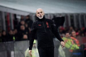 AC Milan's Italian coach Stefano Pioli reacts during the Italian Serie A football match between AC Milan and AS Roma, at the San Siro stadium in Milan, on January 8, 2023. (Photo by Filippo MONTEFORTE / AFP) (Photo by FILIPPO MONTEFORTE/AFP via Getty Images)