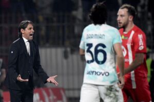 Inter Milan's Italian head coach Simone Inzaghi reacts on the sideline during the Italian Serie A football match between AC Monza and Inter Milan at the Stadio Brianteo Stadium in Monza on January 7, 2023. (Photo by Filippo MONTEFORTE / AFP) (Photo by FILIPPO MONTEFORTE/AFP via Getty Images)