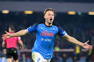 Napoli's Kosovan defender Amir Rrahmani celebrates after scoring a goal during the Italian Serie A football match between Napoli and Juventus at the Diego-Maradona stadium in Naples on January 13, 2023. (Photo by Alberto PIZZOLI / AFP) (Photo by ALBERTO PIZZOLI/AFP via Getty Images)