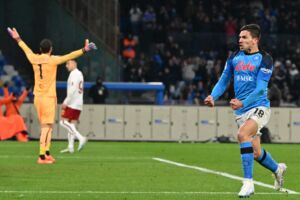 Napoli's Argentinian forward Giovanni Simeone (R) reacts after scoring the second goal of the match for his team during the Italian Serie A football match between Napoli and AS Roma at the Diego-Maradona Stadium in Naples on January 29, 2023. (Photo by Andreas SOLARO / AFP) (Photo by ANDREAS SOLARO/AFP via Getty Images)