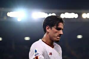 AS Romas Italian forward Nicolo Zaniolo looks on during the Italian Serie A football match between Hellas Verona and AS Roma at the Marcantonio Bentegodi Stadium in Verona on October 31, 2022. (Photo by MARCO BERTORELLO / AFP) (Photo by MARCO BERTORELLO/AFP via Getty Images)