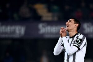 Juventus' Argentinian forward Angel Di Maria reacts during the Italian Serie A football match between Hellas Verona and Juventus on November 10, 2022 at the Bentegodi stadium in Verona. (Photo by Marco BERTORELLO / AFP) (Photo by MARCO BERTORELLO/AFP via Getty Images)