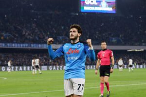 NAPLES, ITALY - JANUARY 13: Khvicha Kvaratskhelia of SSC Napoli celebrates after scoring the 2-0 goal during the Serie A match between SSC Napoli_Juventus at Stadio Diego Armando Maradona on January 13, 2023 in Naples, Italy. (Photo by Francesco Pecoraro/Getty Images)
