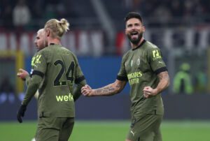 MILAN, ITALY - FEBRUARY 10: Olivier Giroud of AC Milan celebrates scoring his goal during the Serie A match between AC MIlan and Torino FC at Stadio Giuseppe Meazza on February 10, 2023 in Milan, . (Photo by Marco Luzzani/Getty Images)