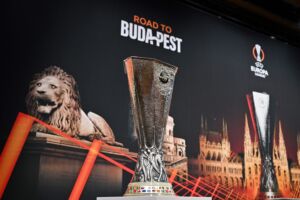 The UEFA Europa League trophy is pictured ahead of the draw for the round of 16 of the 2022-2023 UEFA Europa League football tournament in Nyon, on February 24, 2023. (Photo by Fabrice COFFRINI / AFP) (Photo by FABRICE COFFRINI/AFP via Getty Images)