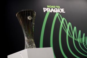 The trophy of the UEFA Conference League is pictured before the draw for the round of 16 of the 2022/2023 UEFA Conference League football tournament in Nyon on November 7, 2022. (Photo by Fabrice COFFRINI / AFP) (Photo by FABRICE COFFRINI/AFP via Getty Images)