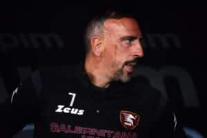 Salernitana French forward Franck Ribery sits on the bench prior to the start of the Italian Serie A football match between Lazio and Salernitana at the Olympic stadium in Rome on October 30, 2022. (Photo by Filippo MONTEFORTE / AFP) (Photo by FILIPPO MONTEFORTE/AFP via Getty Images)