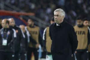 Real Madrid's Italian coach Carlo Ancelotti makes his way to the locker room at half time during the FIFA Club World Cup semi-final football match between Egypt's Al-Ahly and Spain's Real Madrid at the Prince Moulay Abdellah Stadium in Rabat on February 8, 2023. (Photo by Khaled DESOUKI / AFP) (Photo by KHALED DESOUKI/AFP via Getty Images)