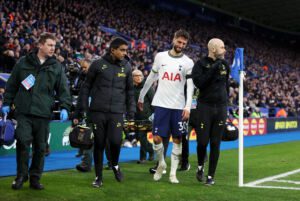 LEICESTER, ENGLAND - FEBRUARY 11: Rodrigo Bentancur of Tottenham Hotspur is substituted off after receiving medical treatment during the Premier League match between Leicester City and Tottenham Hotspur at The King Power Stadium on February 11, 2023 in Leicester, England. (Photo by Catherine Ivill/Getty Images)