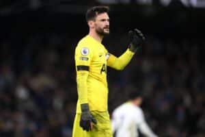 MANCHESTER, ENGLAND - JANUARY 19: Hugo Lloris of Tottenham Hotspur reacts after Riyad Mahrez of Manchester City (not pictured) scores their sides third goal during the Premier League match between Manchester City and Tottenham Hotspur at Etihad Stadium on January 19, 2023 in Manchester, England. (Photo by Shaun Botterill/Getty Images)