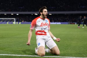 NAPLES, ITALY - FEBRUARY 12: Khvicha Kvaratskhelia of SSC Napoli celebrates after scoring the 1-0 goal during the Serie A match between SSC Napoli and US Cremonese at Stadio Diego Armando Maradona on February 12, 2023 in Naples, Italy. (Photo by Francesco Pecoraro/Getty Images)