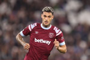 LONDON, ENGLAND - OCTOBER 27: Gianluca Scamacca of West Ham during the UEFA Europa Conference League group B match between West Ham United and Silkeborg IF at London Stadium on October 27, 2022 in London, England. (Photo by Alex Pantling/Getty Images)