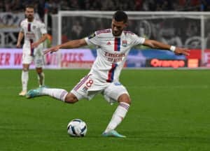 Lyons French midfielder Houssem Aouar kicks the ball during the French L1 football match between Olympique Lyonnais (OL) and Lille LOSC at The Groupama Stadium in Decines-Charpieu, central-eastern France on October 30, 2022. (Photo by JEAN-PHILIPPE KSIAZEK / AFP) (Photo by JEAN-PHILIPPE KSIAZEK/AFP via Getty Images)