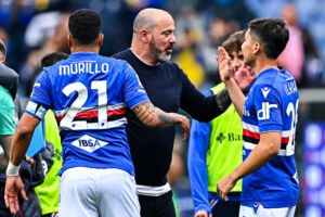 GENOA, ITALY - MARCH 19: Dejan Stankovic head coach of Sampdoria (C) celebrates with Jeison Murillo and Emirhan Ilkhan of Sampdoria after the Serie A match between UC Sampdoria and Hellas Verona at Stadio Luigi Ferraris on March 19, 2023 in Genoa, Italy. (Photo by Simone Arveda/Getty Images)