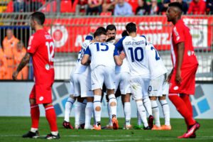 MONZA, ITALY - APRIL 02:Sergej Milinkovic Savic of SS Lazio celebrates a second goal with his team mates during the Serie A match between AC Monza and SS Lazio at Stadio Brianteo on April 02, 2023 in Monza, Italy. (Photo by Marco Rosi - SS Lazio/Getty Images)
