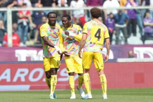 FLORENCE, ITALY - APRIL 08: M'bala Nzola of Spezia Calcio celebrates after scoring a goal during the Serie A match between ACF Fiorentina and Spezia Calcio at Stadio Artemio Franchi on April 8, 2023 in Florence, Italy. (Photo by Gabriele Maltinti/Getty Images)