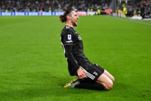 TURIN, ITALY - MARCH 12: Adrien Rabiot of Juventus celebrates after scoring the team's third goal during the Serie A match between Juventus and UC Sampdoria at on March 12, 2023 in Turin, Italy. (Photo by Valerio Pennicino/Getty Images)