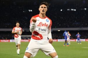 NAPLES, ITALY - FEBRUARY 12: Eljif Elmas of SSC Napoli celebrates after scoring the 3-0 goal during the Serie A match between SSC Napoli and US Cremonese at Stadio Diego Armando Maradona on February 12, 2023 in Naples, Italy. (Photo by Francesco Pecoraro/Getty Images)