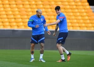 WOLVERHAMPTON, ENGLAND - JUNE 10: Alessandro Bastoni and Federico Dimarco of Italy in action during a Italy training session at Molineux on June 10, 2022 in Wolverhampton, England. (Photo by Claudio Villa/Getty Images)
