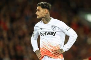 LIVERPOOL, ENGLAND - OCTOBER 19: Gianluca Scamacca of West Ham United during the Premier League match between Liverpool FC and West Ham United at Anfield on October 19, 2022 in Liverpool, England. (Photo by Michael Steele/Getty Images)