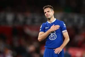 MANCHESTER, ENGLAND - MAY 25: Cesar Azpilicueta of Chelsea acknowledges the fans after the Premier League match between Manchester United and Chelsea FC at Old Trafford on May 25, 2023 in Manchester, England. (Photo by Naomi Baker/Getty Images)