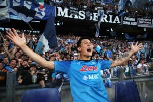NAPLES, ITALY - MAY 07: Kim Min-Jae of SSC Napoli celebrates victory after the Serie A match between SSC Napoli and ACF Fiorentina at Stadio Diego Armando Maradona on May 07, 2023 in Naples, Italy. (Photo by Francesco Pecoraro/Getty Images)