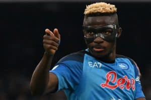Napoli's Nigerian forward Victor Osimhen celebrates after opening the scoring during the Italian Serie A football match between Napoli and Sampdoria on June 4, 2023 at the Diego-Maradona stadium in Naples. (Photo by Tiziana FABI / AFP) (Photo by TIZIANA FABI/AFP via Getty Images)