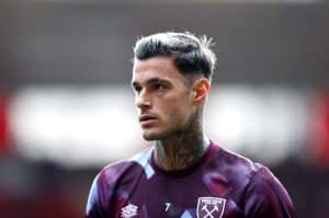 SOUTHAMPTON, ENGLAND - OCTOBER 16: Gianluca Scamacca of West Ham United looks on during the warm up prior to the Premier League match between Southampton FC and West Ham United at Friends Provident St. Mary's Stadium on October 16, 2022 in Southampton, England. (Photo by Julian Finney/Getty Images)